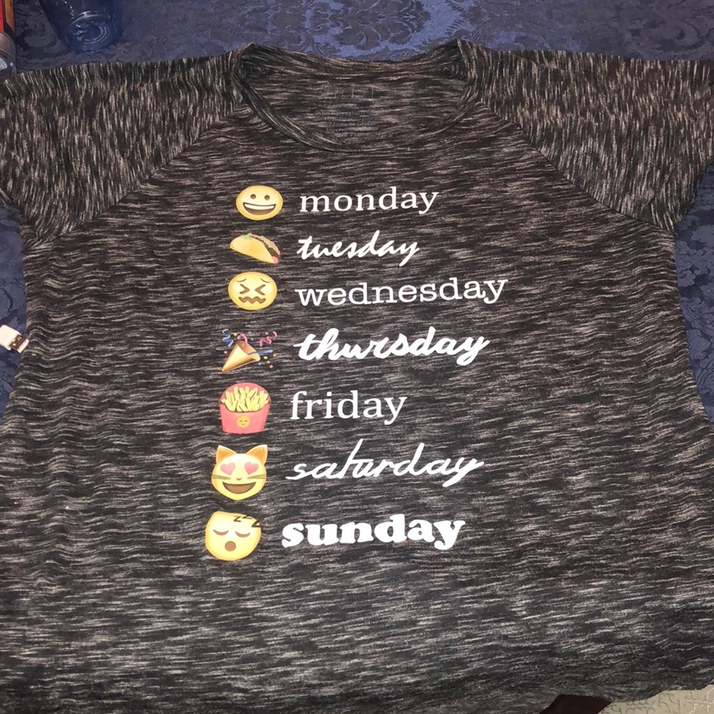 Grey striped-style t-shirt. Weekdays with emojis